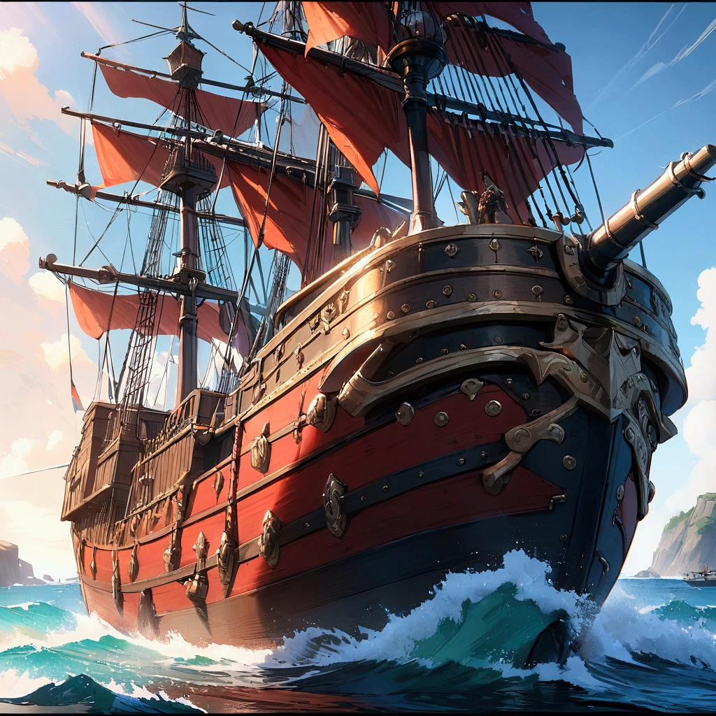 (best quality,4k,8k,highres,masterpiece:1.2), ocean, Pirates ship, siege, fire cannons, ultra-detailed,vivid colors