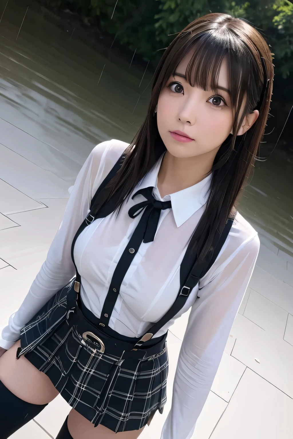 high quality、masterpiece、Gothic ta Fashion、Japanese women、19 years old、Over the knee socks、garter belt、Low Angle、The wind blows and my skirt flutters、Very sensitive skin、Fair skin、Red lip makeup、Young Face、turn around、Slim figure、(Red frame glasses)、sleeveless、cameltoe