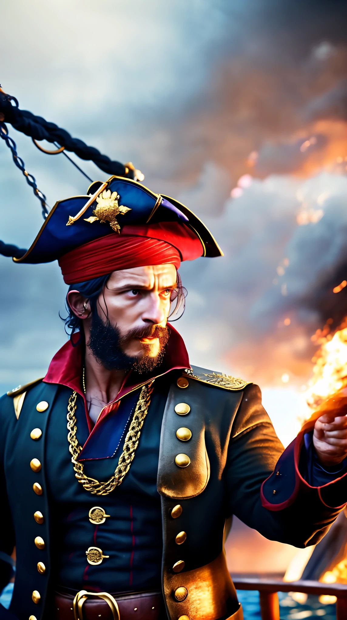 a fierce pirate battle, ships clashing on the high seas, swordsmen dueling, dramatic lighting, cinematic angles, intense action, dynamic poses, detailed textures, gritty atmosphere, vibrant colors, masterful composition, photorealistic quality, epic scale, stunning visual effects, best quality, 8k, highres, masterpiece, ultra-detailed, realistic, photorealistic, photo-realistic, HDR, UHD, studio lighting, ultra-fine painting, sharp focus, physically-based rendering, extreme detail description, professional, vivid colors, bokeh