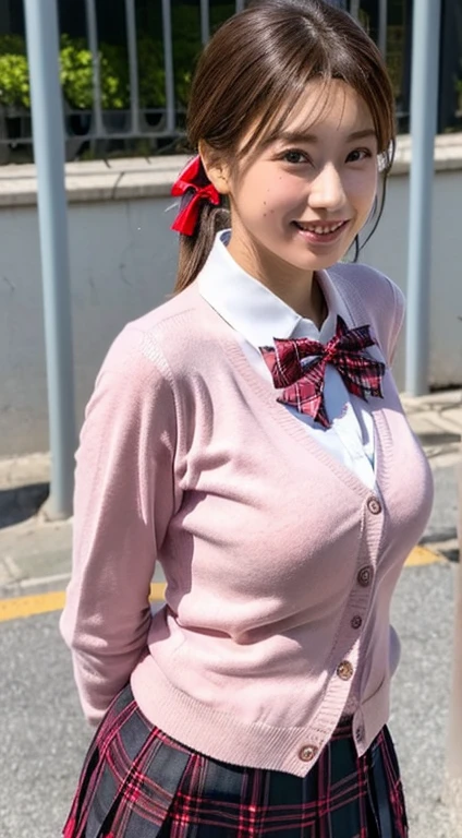 (masterpiece:1.2, top-quality), (realistic, photorealistic:1.4), beautiful illustration, NSFW,
looking at viewer, cowboy shot, front view:0.6,
1 girl, japanese, high school girl, light brown hair, (long hair:1.8), (side ponytail:1.7), bangs, hair between eye, blue eyes, large breasts:1.8, (thick thighs),
beautiful hair, beautiful face, beautiful detailed eyes, beautiful clavicle, beautiful body, beautiful chest, beautiful thigh, beautiful legs, beautiful fingers,
(beautiful scenery), dawn, lamppost, sidewalk,
((pleated mini skirt, socks, red private school uniform:1.2, light pink cardigan, red plaid pleated skirt, red plaid bow tie, red plaid hair ribbon)), pink panties,
(swollen), ((seductive posture: 1.2, attractiveness: 1.2)), (idle),
(erotic, sexy, upper eyes, smile), shiny skin,
perfect face, cute and symmetrical face, natural side lighting, movie lighting),
walking,