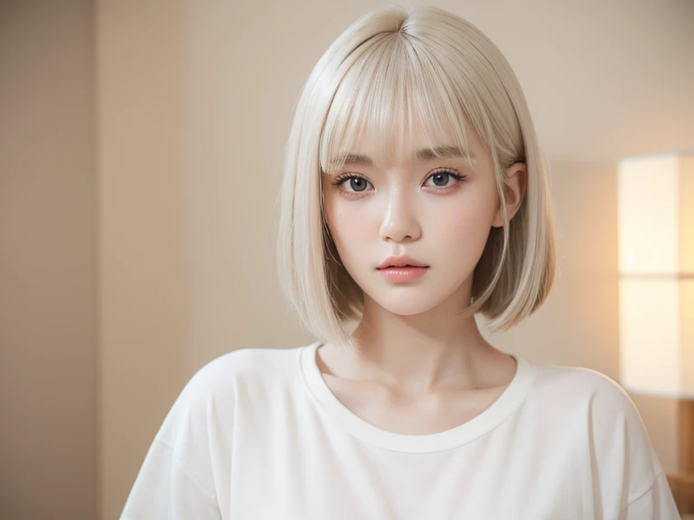 Top quality, It has a realistic atmosphere, like a photo, bright natural light shining softly, into the white background, 1 beautiful woman, bob hair, platinum beige hair with bangs, beautiful skin, clear eyes, wearing a white T-shirt, Japanese female hair salon model in her 20s, a slight baby face, and a slight distance between her eyes and eyebrows for an ennui look.
