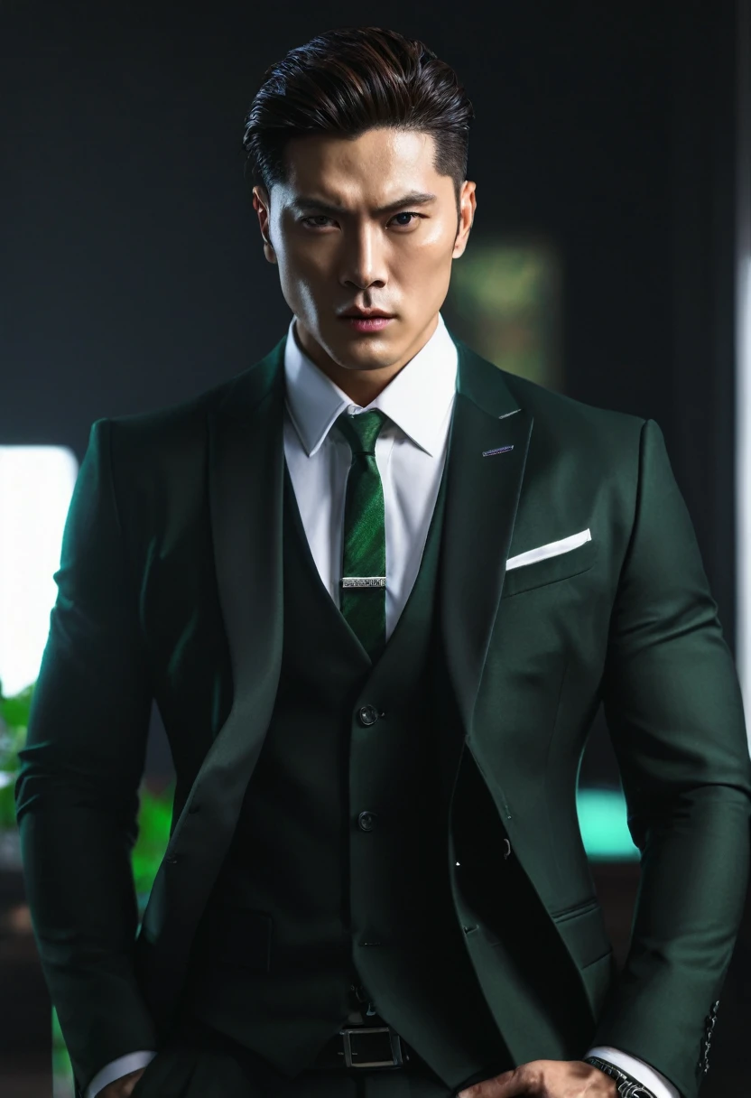 ((masterpiece)), ((best quality:1.2)), high resolution, 8k, (ultra_realistic:1.3), (photorealistic:1.4), (absurdres), sharp focus, highly detailed, (high quality), (masterpiece), handsome mean looking man, Korean, 25 years old, normosthenic, black suit, green eyes, muscular, full body, dark light, front light, rim light. Mafia boss aesthetic. Rich billionaire boyfriend. 