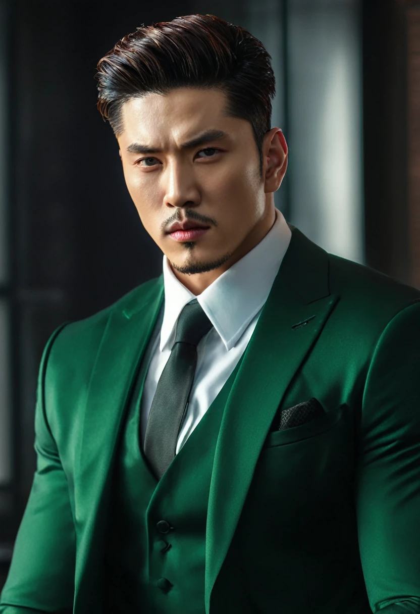 ((masterpiece)), ((best quality:1.2)), high resolution, 8k, (ultra_realistic:1.3), (photorealistic:1.4), (absurdres), sharp focus, highly detailed, (high quality), (masterpiece), handsome mean looking man, Korean, 25 years old, normosthenic, black suit, green eyes, muscular, full body, dark light, front light, rim light. Mafia boss aesthetic. Rich billionaire boyfriend.