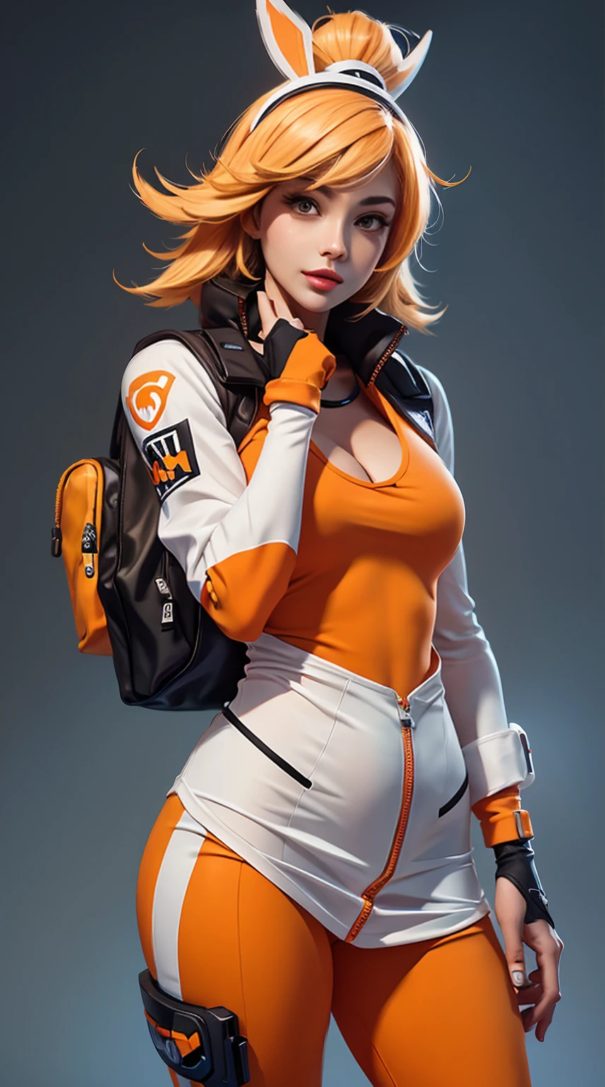 woman posing in a short orange and white outfit, as an Overwatch character, smooth digital concept art, Overwatch inspired, Lola Bunny fanart, echo from Overwatch, Lila&#39;s outfit, sci-fi character, 3D rendering of characters 8k, character in his natural pose, Ross Tran 8 K, as an Overwatch character, [ trending cgsociety ]!!