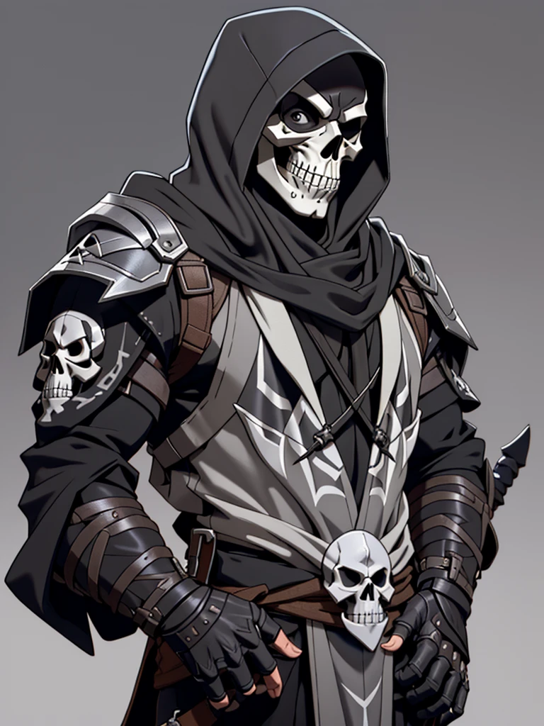 in the style of sk3ll3t0n,1boy,assassin,ninja,thief, mystical person,hood,rogue outfit,white skull,((simple background)),gray background,