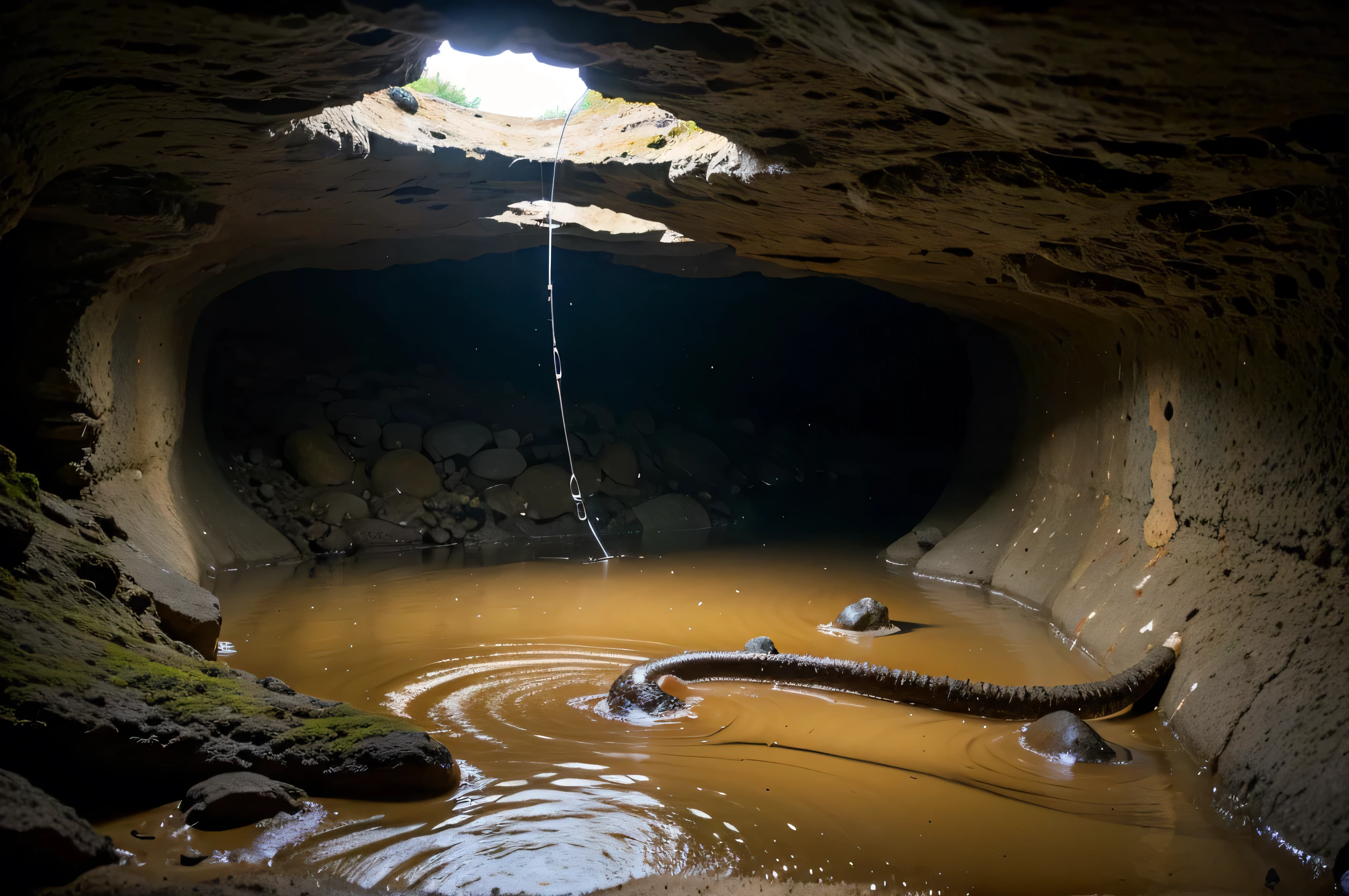 Picture taken with a Sony SLT-A37, NEX-F3, of multiple transparent tentacles twisting in the air in a dark gloomy underground cave. There is a small puddle in the middle