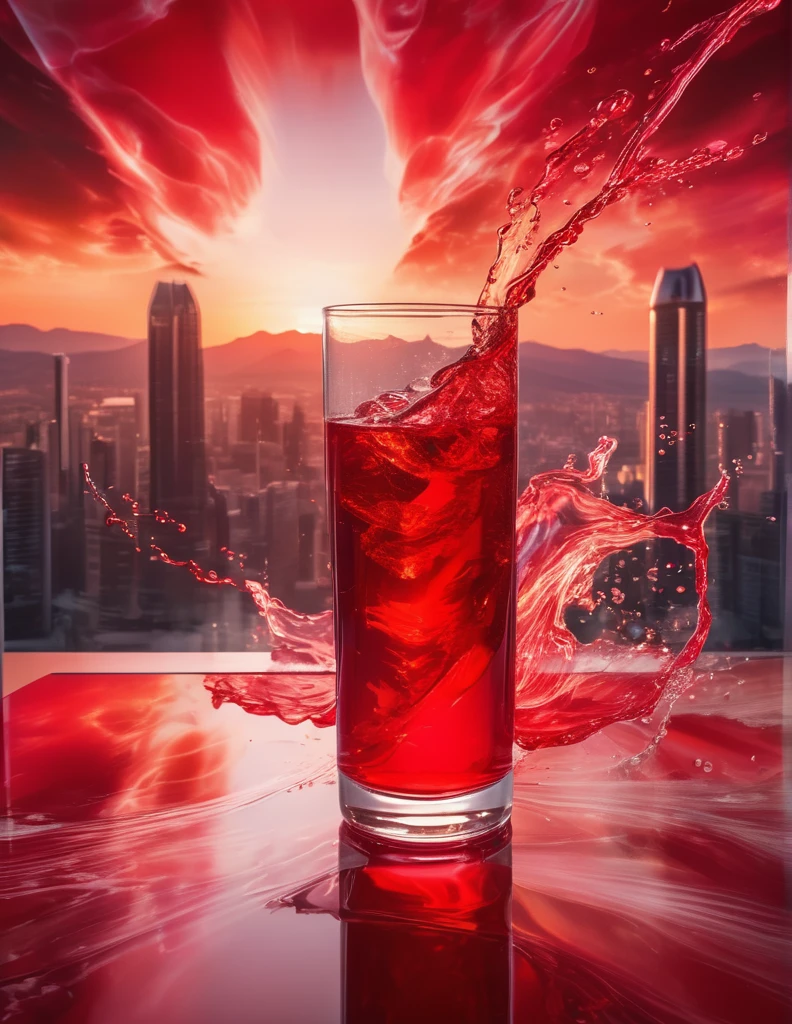 A vibrant crimson liquid cascades down a glass, reflecting a soft glow onto the reflective surface. The background is a collage of kinetic shapes - athletes in motion, vibrant gym equipment against a backdrop of cityscapes and mountains. The vibrant red liquid evokes the energy and power of movement, while energetic lines convey the invigorating sensation of hydration