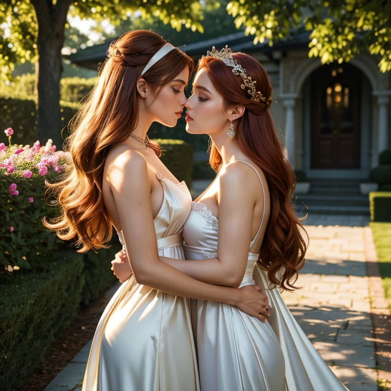 (​masterpiece, best quality:1.5), highest quality, High resolution, super detailed, Realists, Upper body photo of a red-haired woman, detailed and beautiful eyes, beautiful detailed lips, very detailed eyes and face, longeyelashes, Woman in shiny satin evening dress, White bow around the belly,Beautiful and colorful makeup, long hairstyle with headband, elegant and noble々Pose,shiny satin headband, Gardens as background, soft daylight, bright colors, fine brushstrokes, Portrait style, Noble details in the dress fabric, beautiful color palette, glowing skin, First-class rendering, that captures every detail, enchanting atmosphere, subtle shadows and lights, (perfect anatomy:1.2), (Two stunning women are deeply in love:1.4), (kiss:1.2), (magnificent panorama view:1.2)