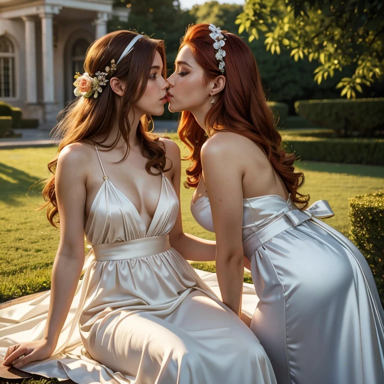 (masterpiece, best quality:1.5), highest quality, High resolution, super detailed, Realists, Upper body photo of a red-haired woman, detailed and beautiful eyes, beautiful detailed lips, very detailed eyes and face, longeyelashes, Woman in shiny satin evening dress, White bow around the belly,Beautiful and colorful makeup, long hairstyle with headband, elegant and noble々Pose,shiny satin headband, Gardens as background, soft daylight, bright colors, fine brushstrokes, Portrait style, Noble details in the dress fabric, beautiful color palette, glowing skin, First-class rendering, that captures every detail, enchanting atmosphere, subtle shadows and lights, (perfect anatomy:1.2), (Two stunning women are deeply in love:1.4), (kiss:1.2), (magnificent panorama view:1.2)