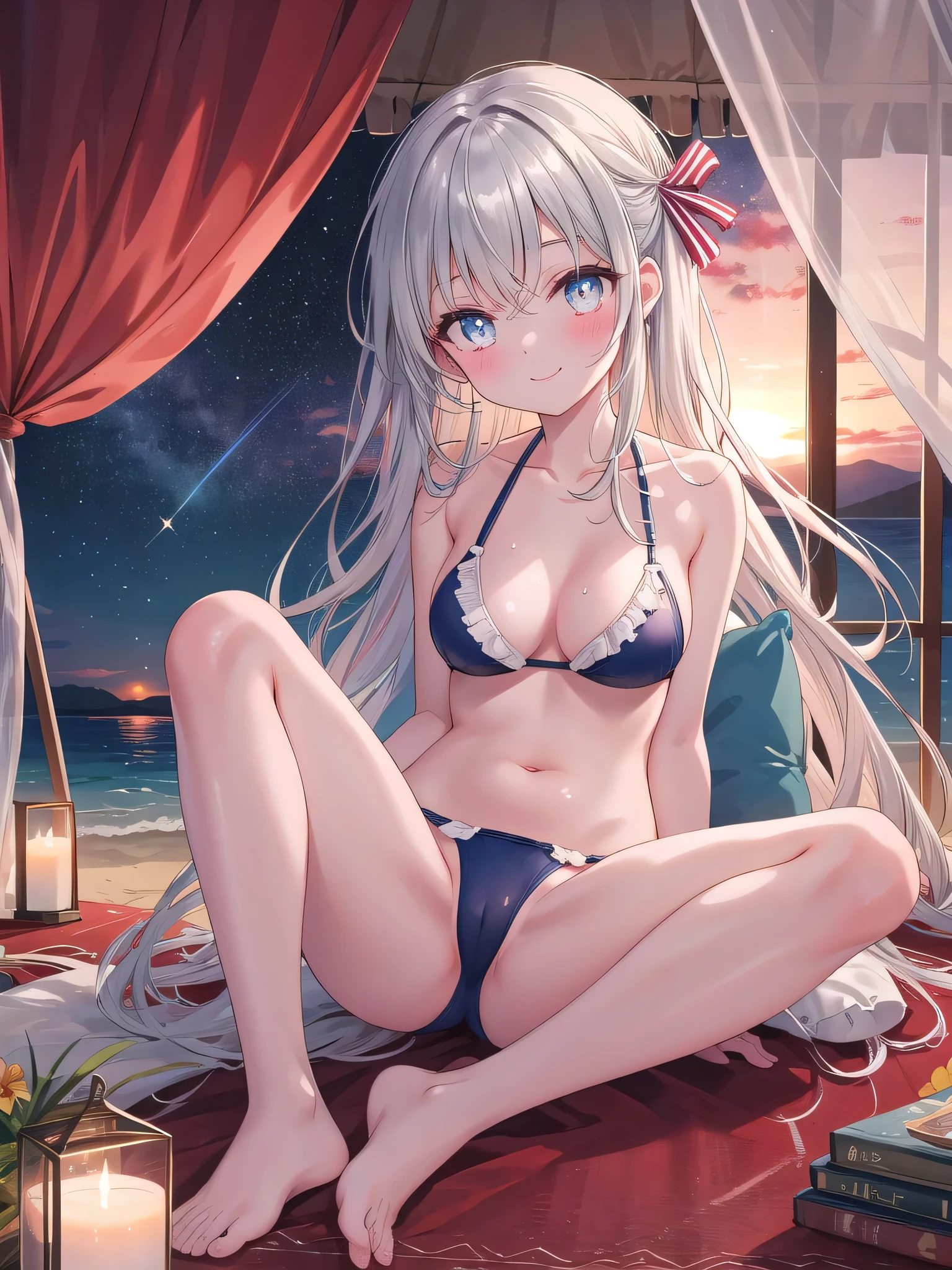 ((8K, Highest Quality, Best:1.3)), Ultra High Resolution, (1 Girl, 1 Person), (Color Changing Eyes, Super Detailed, Expressive Sparkle, Sparkling, Glowing Eyes), Highly Detailed Eyes, Highly Detailed Face, Random Hair, (Silver Gray Color)) ,(Sitting with Knees Up on rugs, spread legs),A seductive woman in a swimsuit. The background is a luxury tent on a tropical beach, with cushions and rugs in the interior that exude a resort feel. A beautiful sunset can be seen in the distance on the beach, creating a contrasting landscape with the orange sky and the deep blue sea. The woman has long silvery hair swept back and is wearing a light pink bikini. The top of the bikini is decorated with ruffles and ribbons, while the bottom is a simple design. The angle is from inside the tent, looking up from a little below, capturing her lying in the tent and relaxing on a beach cushion. She is blushing and smiling modestly, and the interior of the tent and the light of the sunset in the background give the whole thing a fantastical glow.