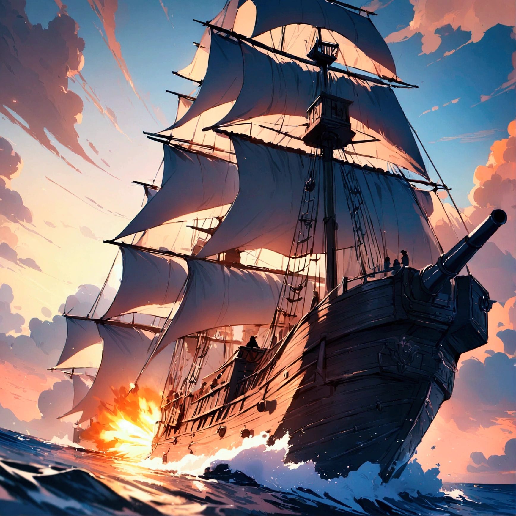(best quality,4k,8k,highres,masterpiece:1.2), ocean, Pirates ship, siege, firing cannons, ultra-detailed,vivid colors