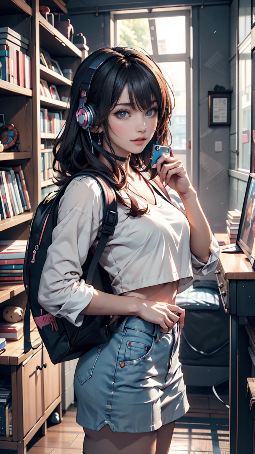 Anime girl with headphones and backpack looking at cell phone, Anime Style 4 k, Alice x. open, Digital anime art, Nightcore, Digital anime illustration, Anime Styled digital art, anime art wallpaper 4k, anime art wallpaper 4k, Anime art style, Anime digital art, Anime Style artwork, Anime Style. 8k, detailed Digital anime art