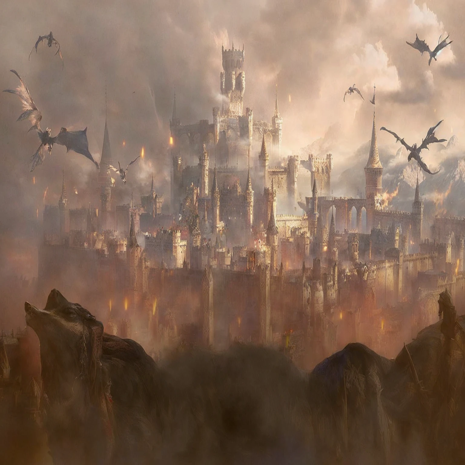 there are many people standing in front of a castle with a lot of birds flying around, medieval city, mordor as a bustling city, anor londo, elden ring concept art, a medieval city, an ancient city on fire, medieval concept art, marc _ simonetti, medieval city background, medieval fantasy game art, high fantasy matte painting, firework, night