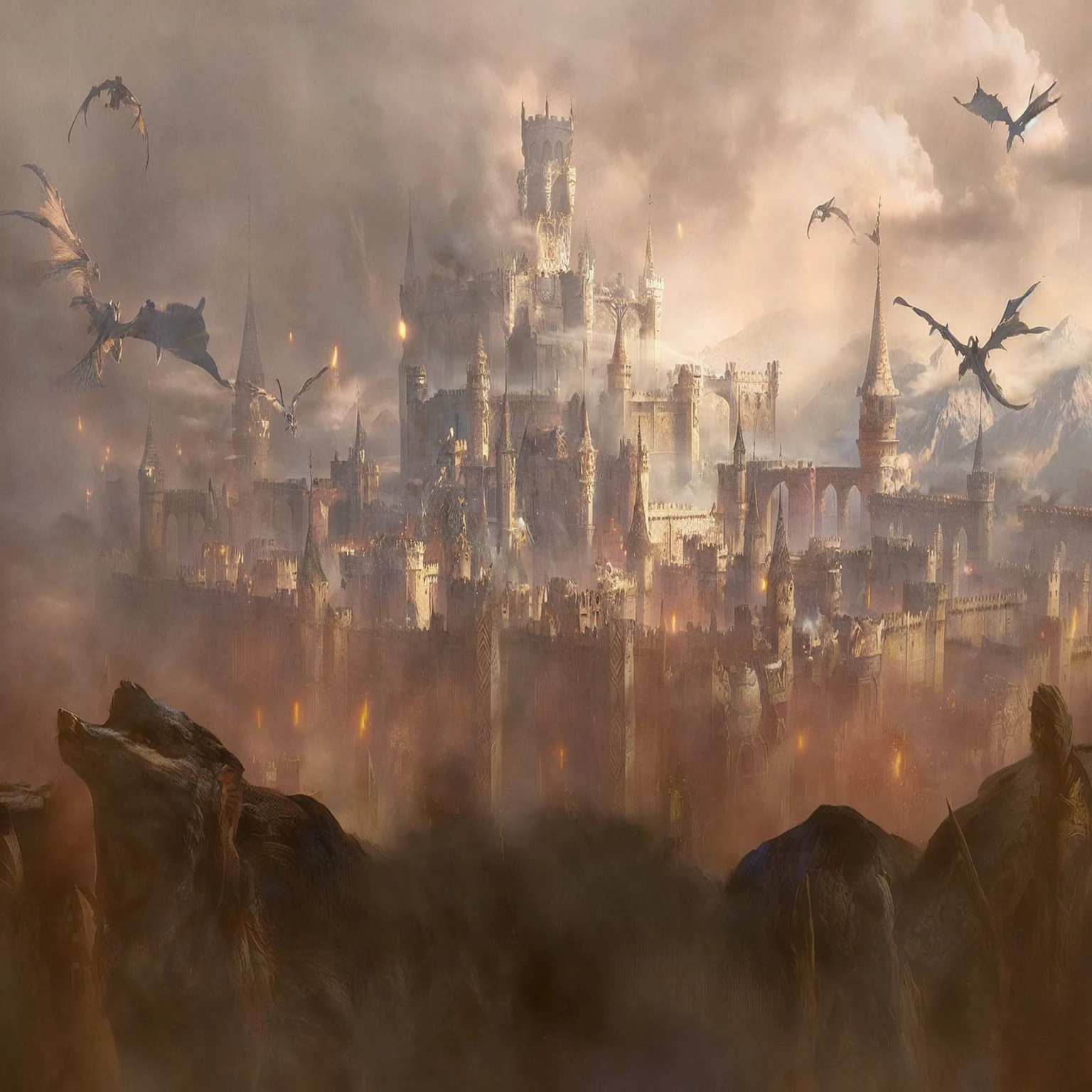 there are many people standing in front of a castle with a lot of birds flying around, medieval city, mordor as a bustling city, anor londo, elden ring concept art, a medieval city, an ancient city on fire, medieval concept art, marc _ simonetti, medieval city background, medieval fantasy game art, high fantasy matte painting, firework, night