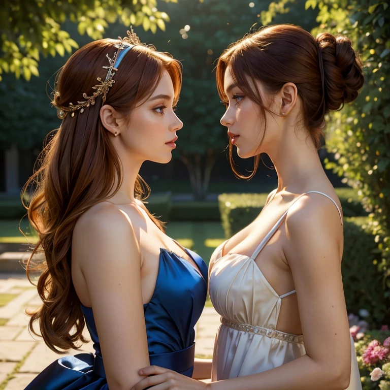 (masterpiece, best quality:1.5), highest quality, High resolution, super detailed, Realists, Upper body photo of a red-haired woman, detailed and beautiful eyes, beautiful detailed lips, very detailed eyes and face, longeyelashes, Woman in shiny blue satin evening dress, White bow around the belly,Beautiful and colorful makeup, long hairstyle with headband, elegant and noble々Pose, shiny satin headband, Gardens as background, soft daylight, bright colors, fine brushstrokes, Portrait style, Noble details in the dress fabric, beautiful color palette, glowing skin, First-class rendering, that captures every detail, enchanting atmosphere, subtle shadows and lights, (perfect anatomy:1.2), (Two stunning women are deeply in love:1.4), (kiss:1.2), (magnificent panorama view:1.2)
