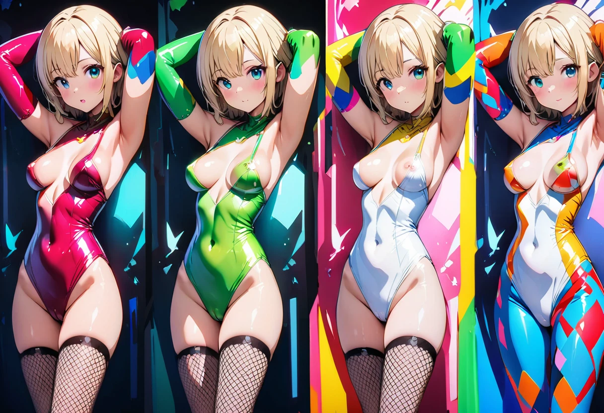 (最high quality:1.2, Anime artwork, Anime Style, Studio Anime, Very detailed, up to date, Vibrant, Anime Coloring, High Contrast, masterpiece:1.2, 最high quality, Best aesthetics), 1 female, alone, Fairy, The body is slim, ((Fairy)), blonde, (Small face), ((Her breasts are big)), ((Green Dress, Transparent body, Transparent dress, Light effects)), (((Captivating body, Lewd Curves))), 飛んでいる小さなFairy, , in the forest, 森に住むFairy, Forest and spring background, ((blonde, Shortcuts)), ((Laughing with your mouth open:1.2)), Big Breasts, (Pointed Ears, Fairy), Normal hip joint, Cowboy Shot, Put your arms behind your head, (Color coding, Sexy Fishnet Stockings, Shiny costumes), Beautiful Skin, Beautiful Skin, Perfect Fingers, Five Fingers, Anatomically correct, Background Blur, high quality, Surreal, Bright colors,