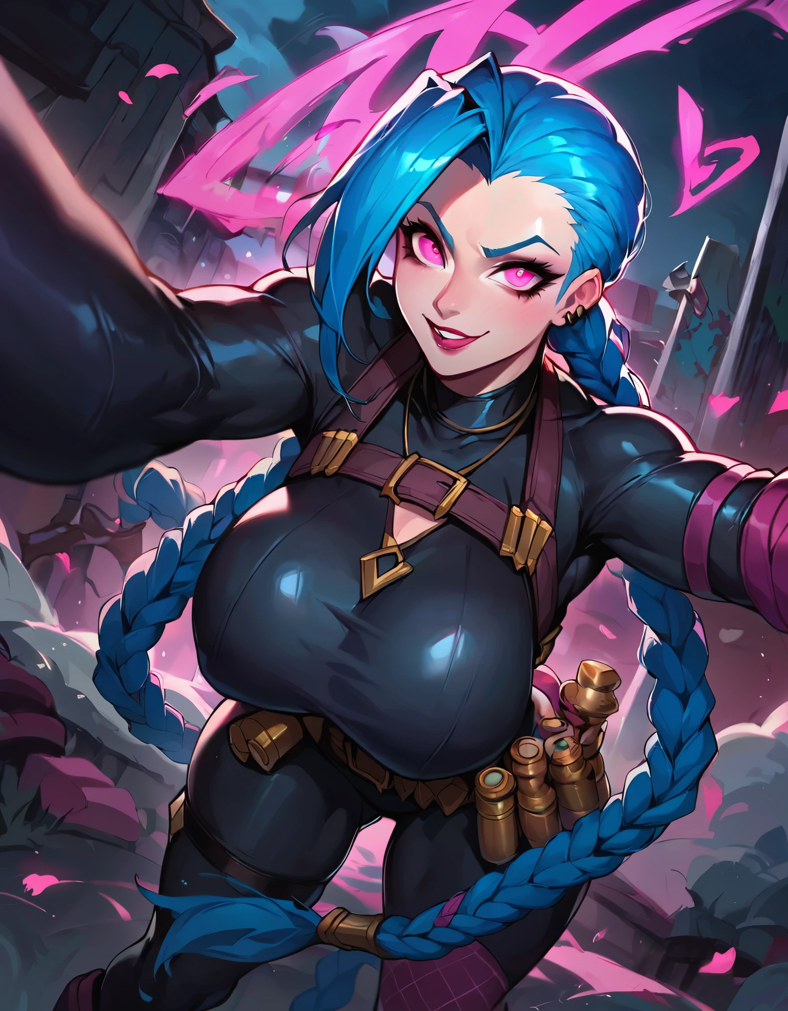 score_9, score_8_up, score_7_up, jinx_(league_of_legends), league_of_legends, 1girl, blue_hair, pink_eyes, huge breasts, taking selfie in city of Zaun, sfw, black bodysuit