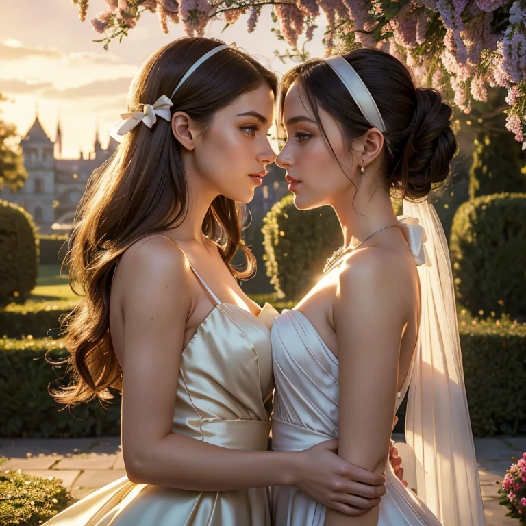 (masterpiece, best quality:1.5), highest quality, High resolution, super detailed, Realists, Upper body photo of a brunette woman, detailed and beautiful eyes, beautiful detailed lips, very detailed eyes and face, longeyelashes, Woman in shiny satin evening dress, White bow around the belly,Beautiful and colorful makeup, long hairstyle with headband, elegant and noble々Pose,shiny satin headband, Gardens as background, soft daylight, bright colors, fine brushstrokes, Portrait style, Noble details in the dress fabric, beautiful color palette, glowing skin, First-class rendering, that captures every detail, enchanting atmosphere, subtle shadows and lights, (perfect anatomy:1.2), (Two stunning women are deeply in love:1.4), (kiss:1.2), (magnificent panorama view:1.2)