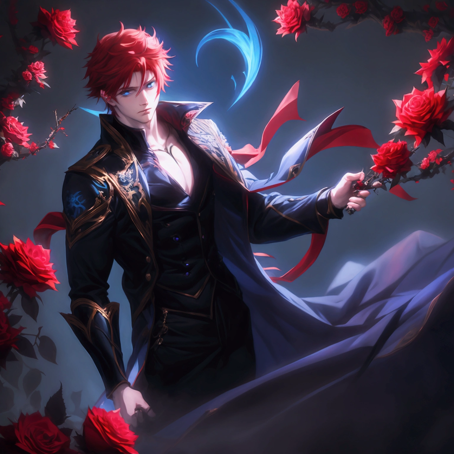 (anime style) a blur and hazy picture of the entire figure of a man with short red-haired with blue eyes covered up with black-coloured roses and thorns circled him in a dark background