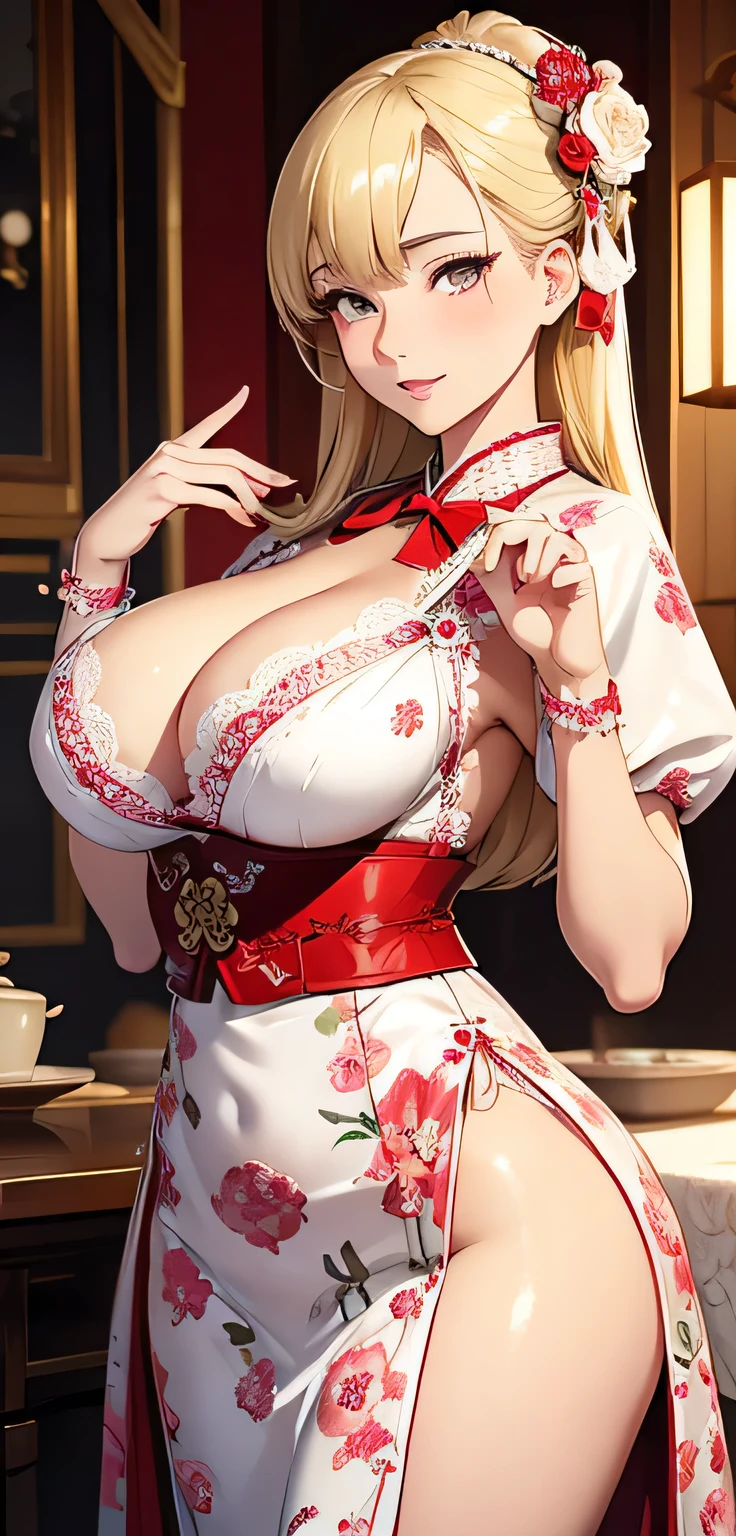 beautiful detailed 25 years old female, wearing Erotic Taisho Roman Style: Outfits inspired by the Taisho era, featuring vintage dresses with lace and floral patterns, beautiful face, shiny white skin, blonde hair, slender, ultra large saggy breasts, massive cleavage exposed, random pose