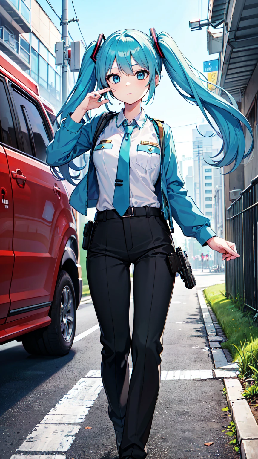 ((masterpiece)), ((Highest quality)), ((High resolution)), One girl, alone, Police Officer, (Matching skirt, slacks), Urban Background, (Holding a pistol、Aim, Detailed pistol, Glock 22, Breaking the rules), Are standing, Hatsune Miku VOCALOID, (Light blue hair, Twin tails), (Light blue eyes),