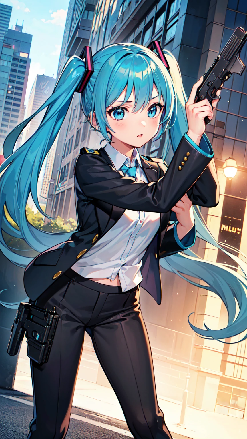 ((masterpiece)), ((Highest quality)), ((High resolution)), One girl, alone, Police Officer, (Matching skirt, slacks), Urban Background, (Holding a pistol、Aim, Detailed pistol, Glock 22, Breaking the rules), Are standing, Hatsune Miku VOCALOID, (Light blue hair, Twin tails), (Light blue eyes),