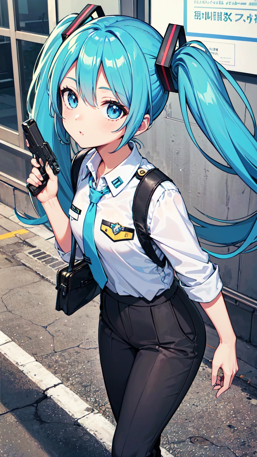 ((masterpiece)), ((Highest quality)), ((High resolution)), One girl, alone, Police Officer, (Matching skirt, slacks), Urban Background, (Holding a pistol、Aim, Detailed pistol, Glock 22, Breaking the rules), Are standing, Hatsune Miku VOCALOID, (Light blue hair, Twin tails), (Light blue eyes),
