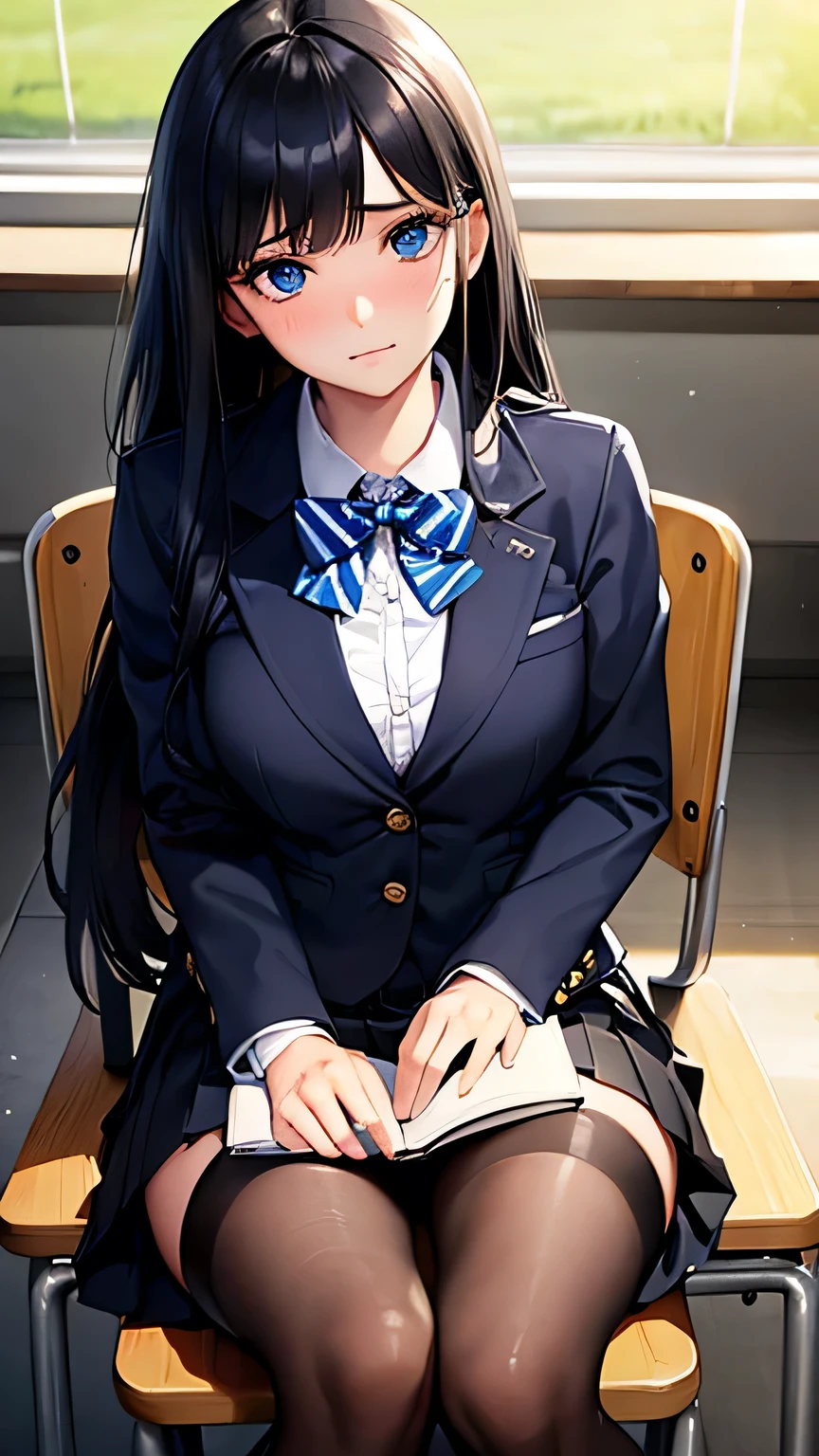 (masterpiece, Highest quality:1.2), (Realistic, photoRealistic:1.3), Browsing Caution, View your viewers, One shy girl, high school girl, Perfect Face, Glowing Skin, (Long Hair）,Black Hair, Blue eyes, Long eyelashes, Beautiful Hair, Beautiful Face, Beautiful attention to detail, (Blazer uniform, Pleated mini skirt,Black Stockings), A bow tie, (Embarrassed face）,Sitting on a chair in the classroom,Holding a book,