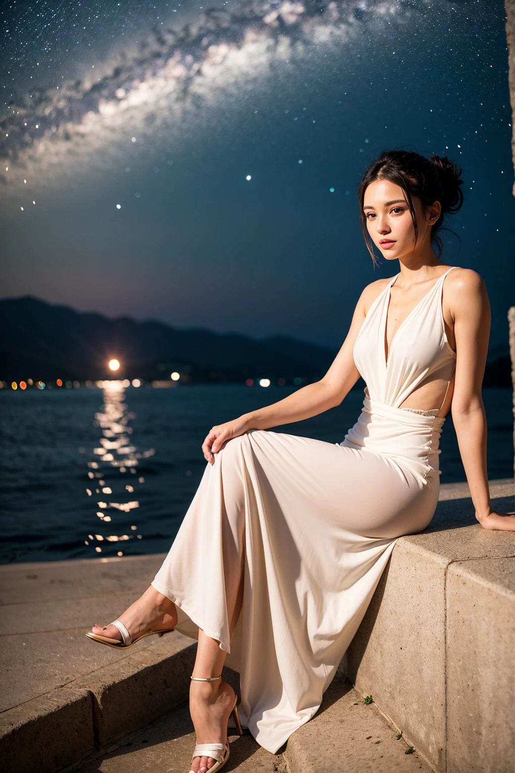 Top quality, 1 beautiful woman, super very short hair, with a chic, tousled updo and captivating blue eyes, under the starry night of a Greek island. She’s wearing a white, Grecian-style maxi dress, her pose is relaxed yet sophisticated, the Aegean Sea shimmering quietly in the background
