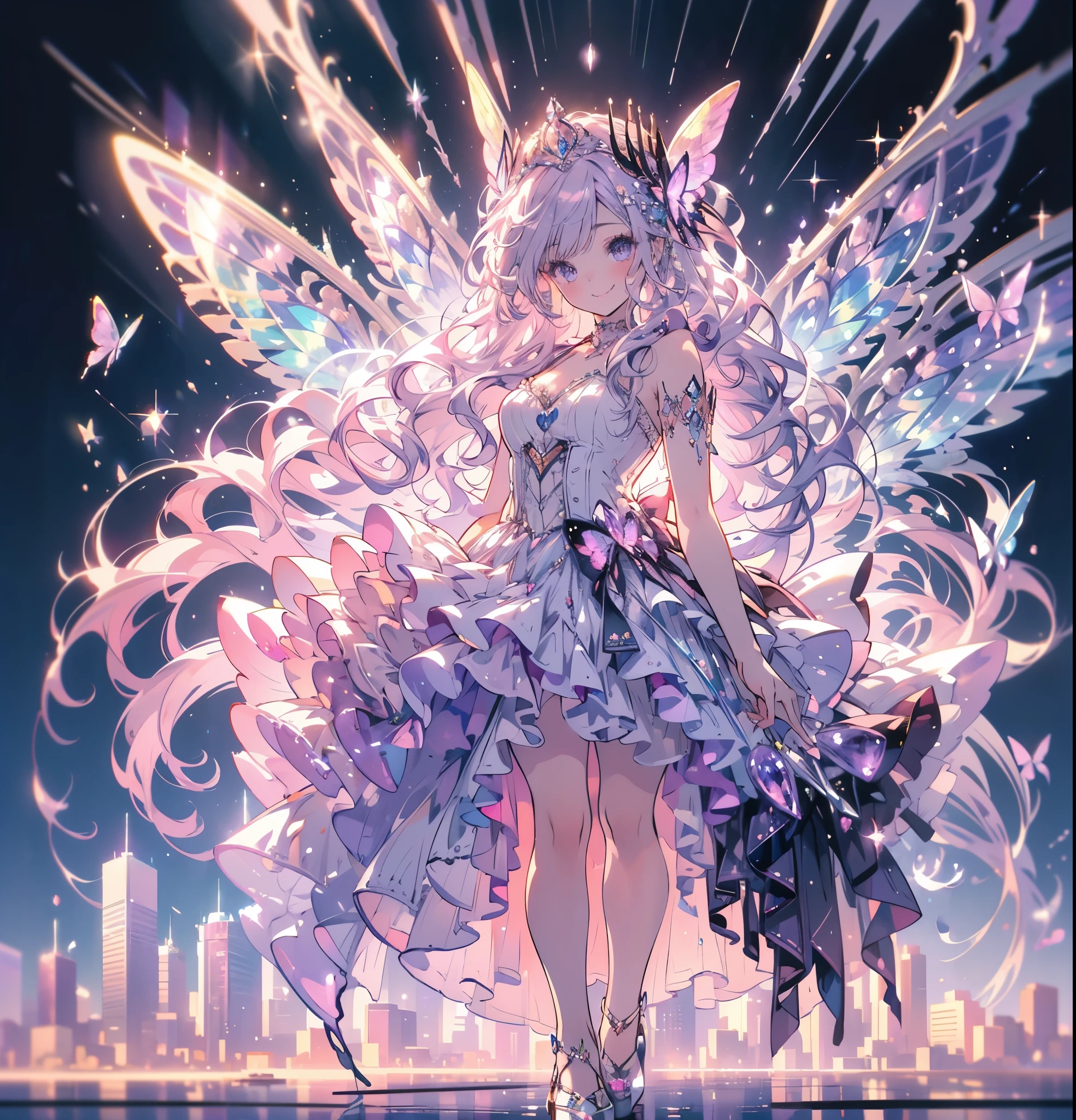 (masterpiece,Highest quality, Very detailed, beautiful, Exquisite, 16K, Full HD),((Whole body)), ((White Background)),((smile,Happy:1.5)),((Frills, Rhinestones and Amethyst,Sparkly purple fluffy layered ball gown)),((city)),((Butterfly Wings)),(amethyst tiara,Amethyst Choker,Amethyst Earrings,Amethyst Shoes,)(Pink medium hair,Hair blowing in the wind, Fluffy hair),(White skin,Lavender eyes, Long eyelashes, Big eyes,Pale pink cheeks),Dazzling Light, Warm lighting, (pastel colour,Fantasy art:1.2),