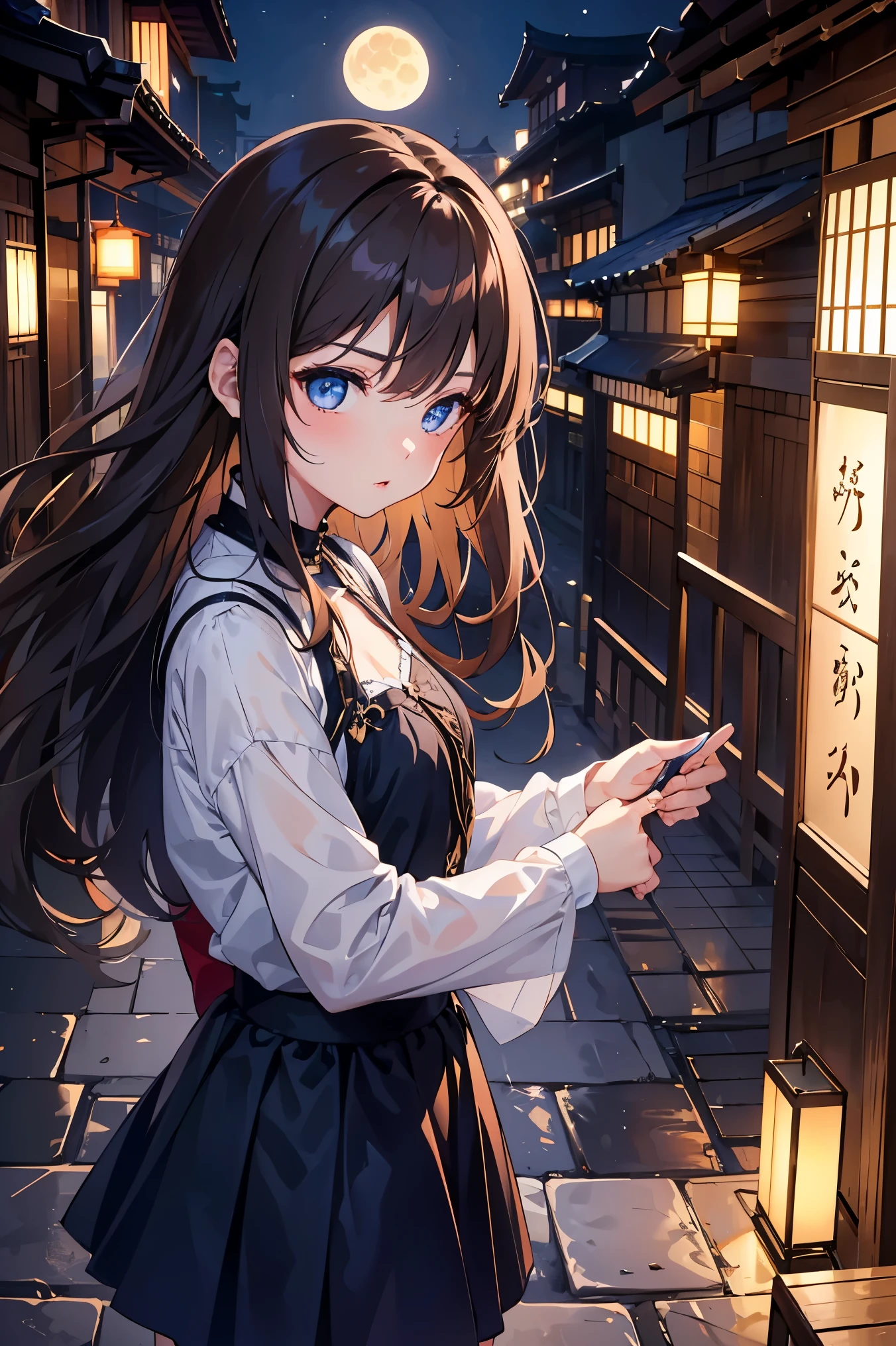 1 female、whole body、lower angle、Brown Hair、Long Hair、Well-groomed face、Dark lips、blue eyes、Blue dress、valley、slim、mini skirt、Kyoto、old buildings、night、full moon、masterpiece、Ultra-high resolution、delicate、Perfect lighting、sunlight、16K