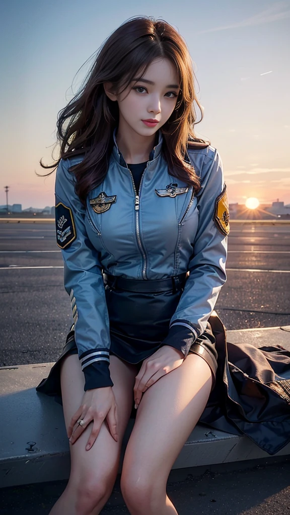(best quality, 8k, 32K, masterpiece, uhd:1.2), (realistic:1.5), (masterpiece, very detailed CG Unity 8k 배경화면, best quality, high resolution:1.2), (very detailed, uhd:1.2), Photo of extremely cute and beautiful Japanese female, (long wavy chestnut hair:1.2), adult, (detailed beautiful girl:1.4), best quality, female, adult, (Detailed U.S. Air Force pilot uniform:1.5), (White Pilot Captain's Jacket:1.3), (HIGH WAIST PENCIL MINI SKIRT:1.3), (Beautiful sunset U.S. Air Force base runway view background:1.2), 수줍게 laugh:1, looking at viewer, Towards the audience, ((完璧なfemaleの身体)), (tight waist:1.2), (Image of the entire body starting from the knees:1.3), thin, Abs, (beautiful breasts:1.25), assemble the head, wind, dynamic pose, Cinematic Light, backlight, nice clothes, complete anatomy, perfect proportions, detailed human body, stylish model posing,soft expression、laugh、sexy slit thighs and beautiful legs、チラ見せAbs