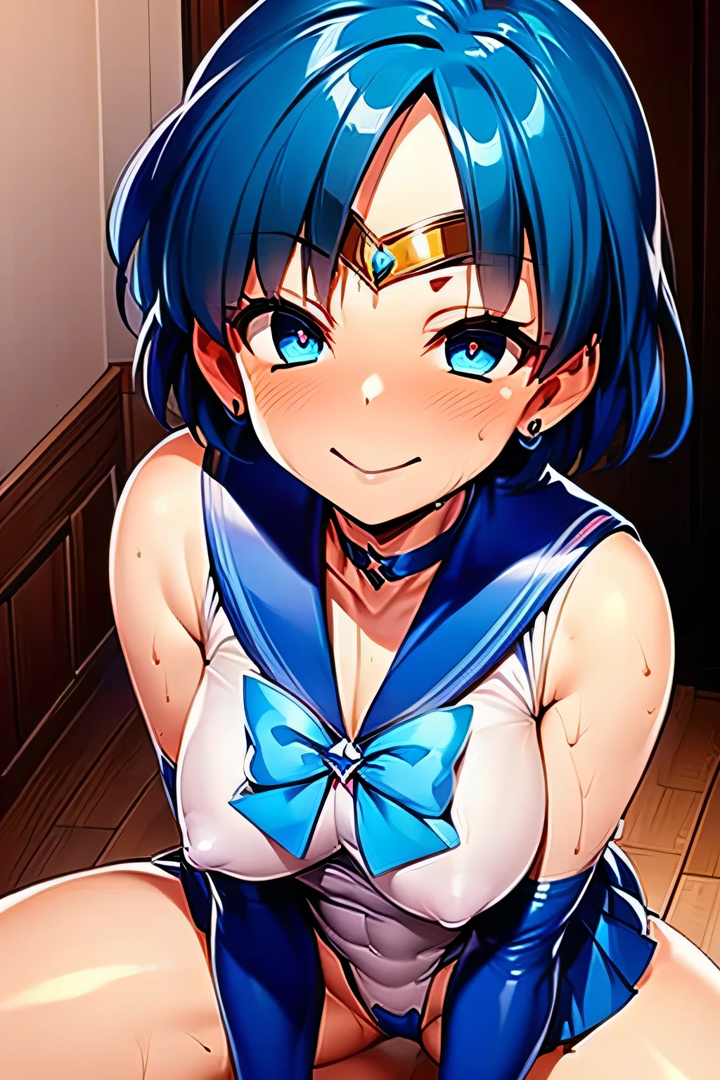 Highest quality, (masterpiece:1.2), Very detailed,
One Girl, alone,
View your audience, Naughty smile, Transparent nipples、
blush, Blue Hair, Red Eyes、short hair、Perm Hair、Bedroom、((Sailor Mercury))、((Long gloves))、White leotard、boots、(Spread your legs)、Blue mini skirt、(Lift and enhance your breasts)
