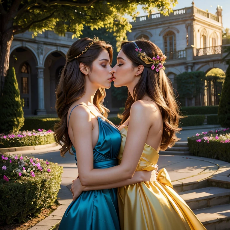 (​masterpiece, best quality:1.5), highest quality, High resolution, super detailed, Realists, Upper body photo of a brunette woman, detailed and beautiful eyes, beautiful detailed lips, very detailed eyes and face, longeyelashes, Woman in shiny satin evening dress, Satin bow around the belly,Beautiful and colorful makeup, long hairstyle with headband, elegant and noble々Pose,shiny satin headband, Gardens as background, soft daylight, bright colors, fine brushstrokes, Portrait style, Noble details in the dress fabric, beautiful color palette, glowing skin, First-class rendering, that captures every detail, enchanting atmosphere, subtle shadows and lights, (perfect anatomy:1.2), (Two stunning women are deeply in love:1.4), (kiss:1.2), (magnificent panorama view:1.2)