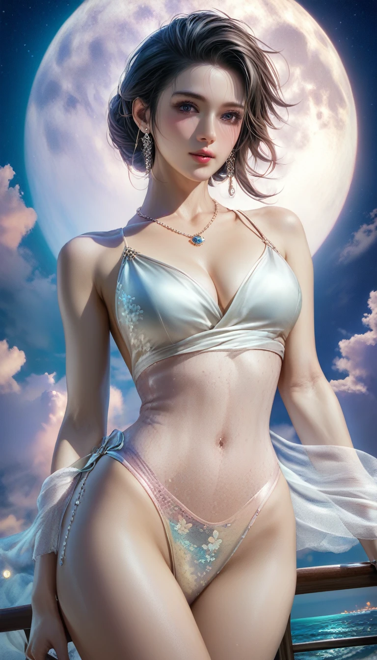 score_9, score_8_superior, score_7_superior, A masterpiece in 32K resolution,Highest quality,it is really amazing,Very detailed,Ultra-high resolution,(Ultra-realistic:1.5),(Realistic:1.5),Increased depth of field,Cinematic lighting,
Elegant Japanese MILF,
Long black hair,Ultra-detailed and beautiful face,(Gentle expression:1.1),Translucent white skin,(Realistic skin texture:1.3),
(Sexy Swimwear:1.1),
Bold design,Artistic design,Beautiful and detailed pattern,Detailed fabric texture,
Gorgeous necklace,Earrings,
Coastline at night,(Giant Moon:1.1),(Dark clouds floating in the dark night sky:1.1),
(Dramatic Angle:1.2),