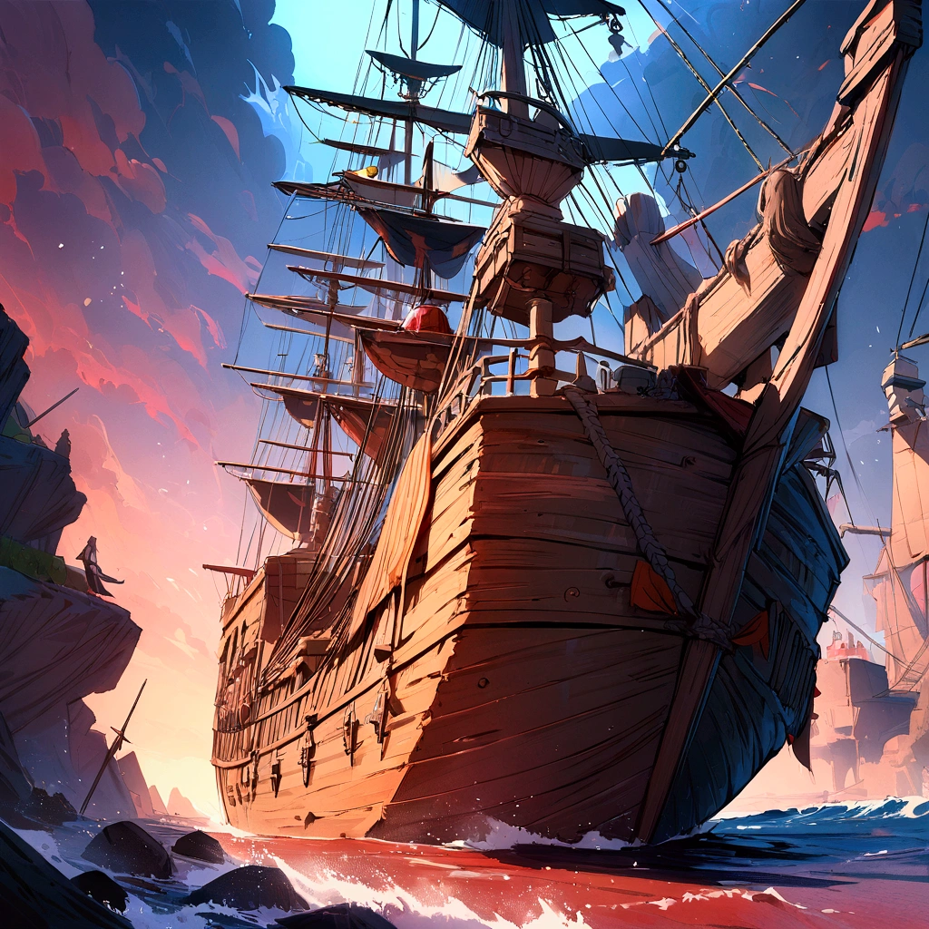 (best quality,4k,8k,highres,masterpiece:1.2), Pirates ship, francis drake, ultra-detailed,vivid colors