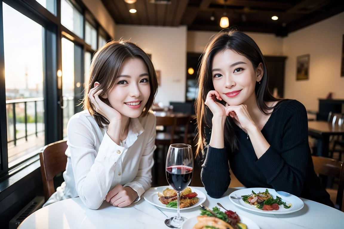 ((Highest quality、8k、masterpiece:1.3))、Slim Couple、Model Couple、(Realistic, Intricate details:1.2), full-course dinner、wine 、Amazing view of the sunset sky and clouds、A bright smile、The wonderfulness of smiles、Bright image、wineの美しさ, Beautiful Face, blue eyes, The light shines on your face, blush, short hair,Bright Face、 (Age 45), 48 years old, 赤wine 、Appetizers、Italian food、wine bottle、Champagne、スパークリングwine、Two beauties、Brown Hair、Shortcuts、Long sleeve shirt、dress、Two beautiful women