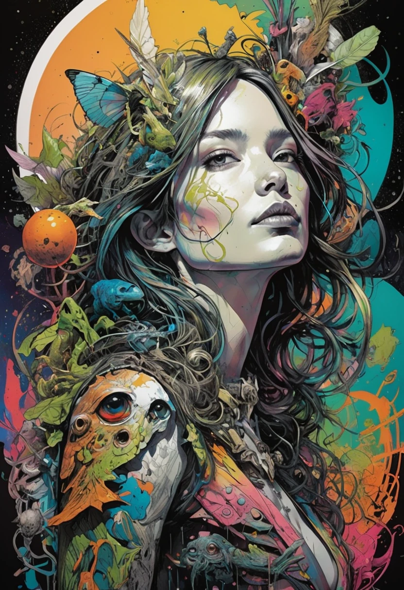 Poster,Jim Mahfood,ellen jewett, Very detailed, High Contrast,masterpiece, Colorful background,,Psychedelic Art,