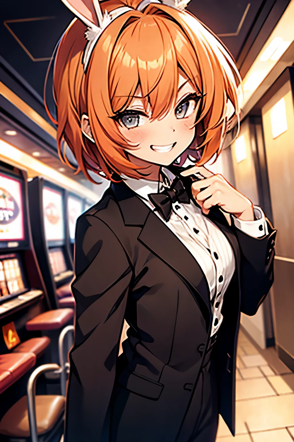 1girl, bunny ears, tuxedo, orange hair, short hair, eyeliner, casino, blush, grin