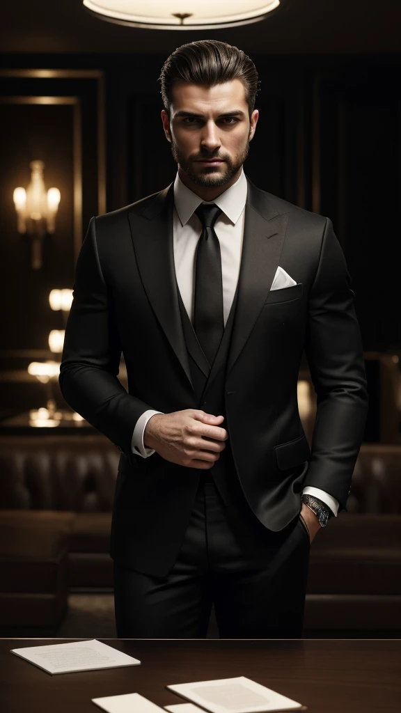 ((masterpiece)), ((best quality:1.2)), high resolution, 8k, (ultra_realistic:1.3), (photorealistic:1.4), (absurdres), sharp focus, highly detailed, (high quality), (masterpiece), handsome mean looking man, 25 years old, normosthenic, black suit,  muscular, full body, dark light, front light, rim light. Mafia boss aesthetic. Rich billionaire boyfriend.