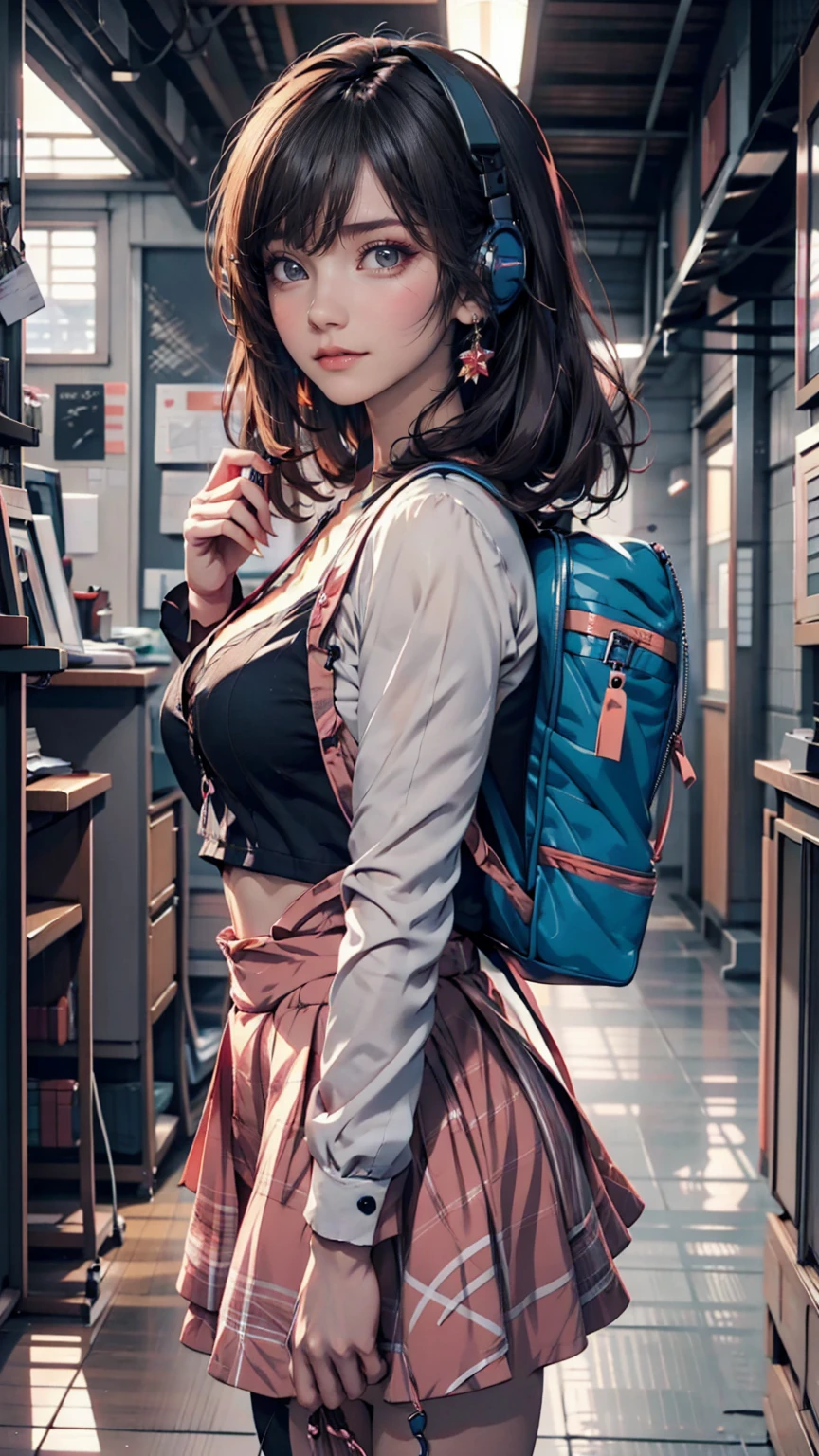 special_Week_(umamusume), fudangi, Hair Clip, Blue jacket, Open jacket, Printed dress, Pink Dress, Window Shopping, Small breasts, High resolution, Upper Body, smile, White backpack, alone, Beastly