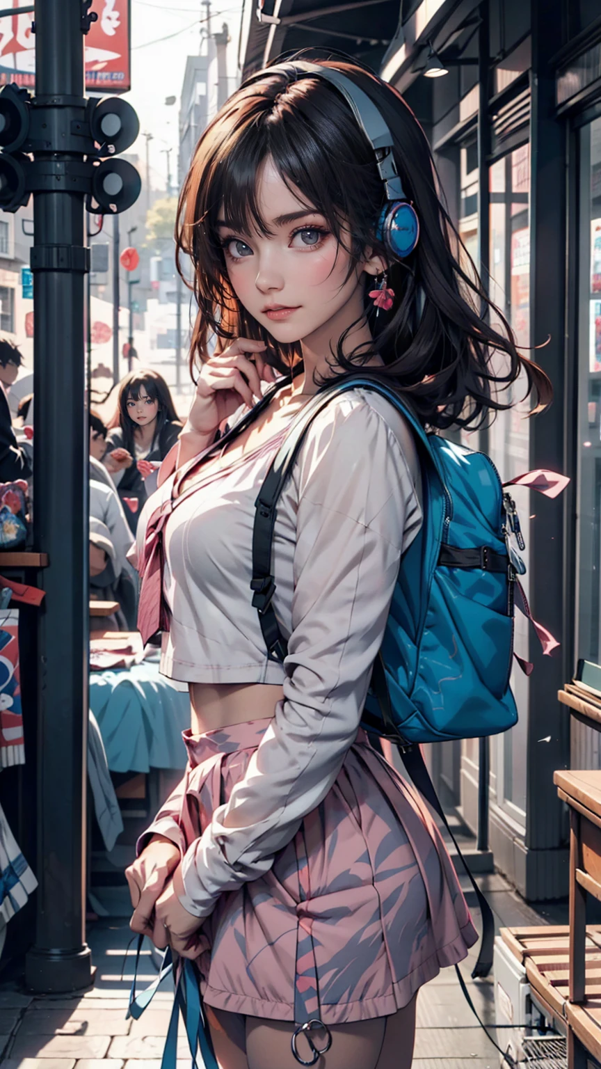 Anime girl with headphones and backpack looking at cell phone, Anime Style 4 k, Alice x. open, Digital anime art, Nightcore, Digital anime illustration, Anime Styled digital art, anime art wallpaper 4k, anime art wallpaper 4k, Anime art style, Anime digital art, Anime Style artwork, Anime Style. 8k, detailed Digital anime art