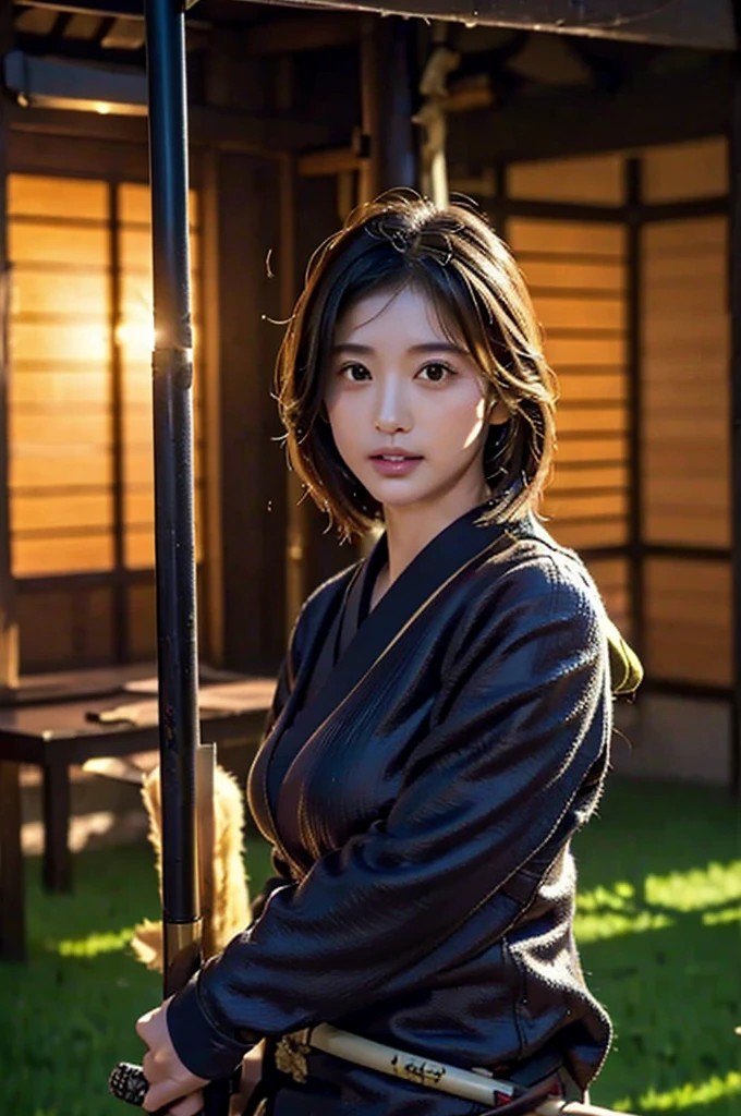 Sengoku period、(((Battlefield 1:3)))、((night、Firelight 1:8))、Anime Stick、Swinging the Sword、((Covered in scars))、desperate look、(((Dirty with sweat and dirt、1:5)))、((((fight))))、((arms))、Big Breasts、japanese battlefield