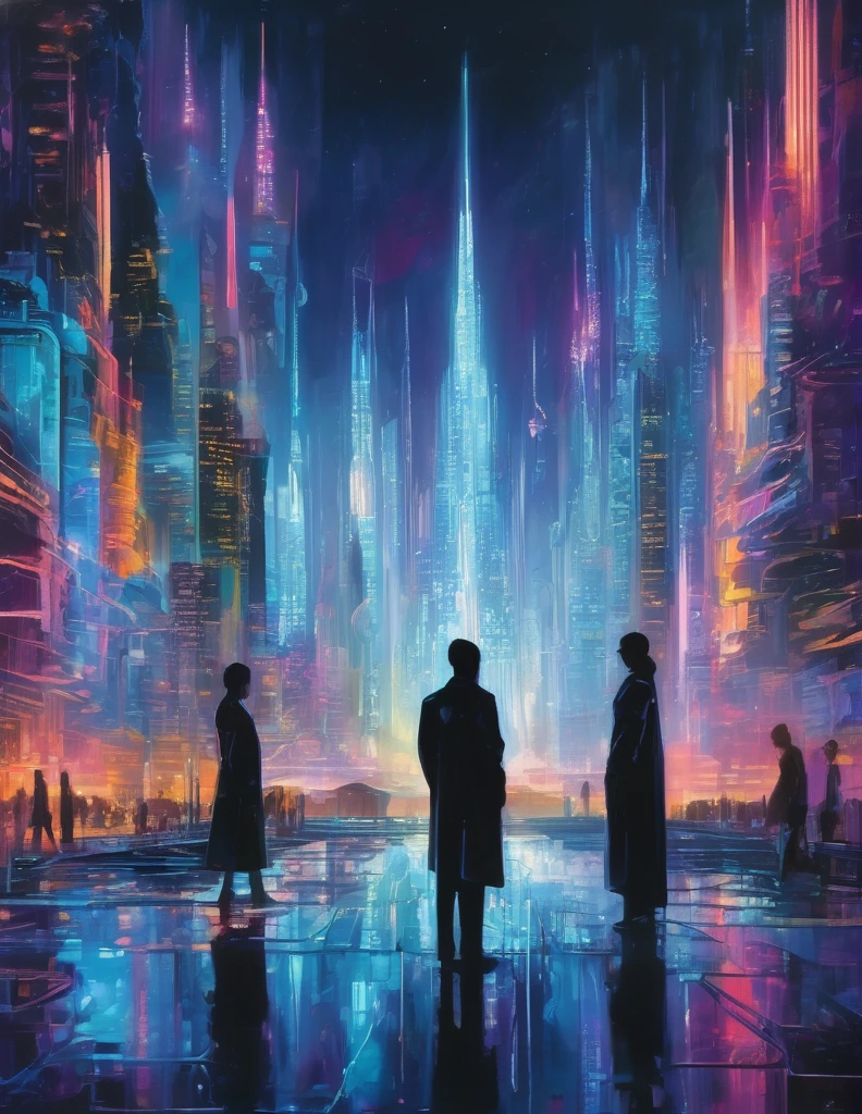 A futuristic cityscape bathed in neon light, towers adorned with glowing circuits reflecting in reflective puddles. Human figures move with grace and fluidity, their bodies enhanced with bioluminescent patterns. The skyline whispers of advanced technology and boundless possibilities.