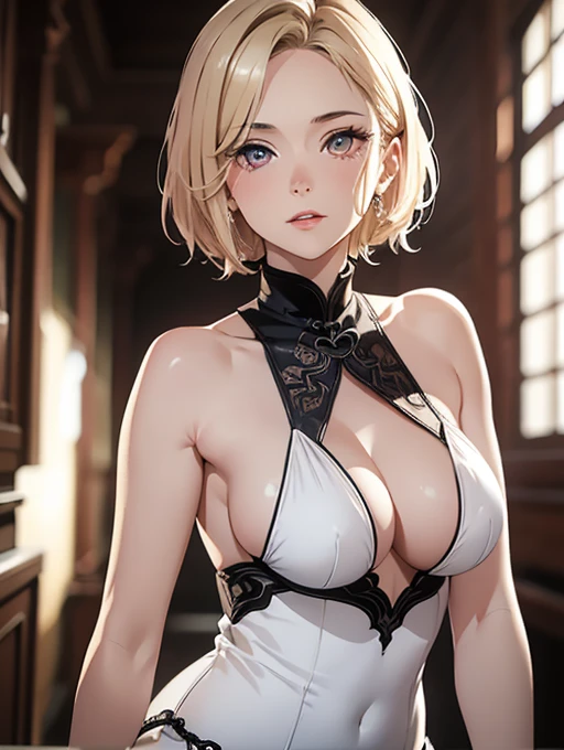 mature woman, milf, beautiful, short white hair, crimson eyes, pale white skin, amazing Body, big breasts, thick thighs, milkmaid, white super small translucent chinese dress, without bra, pose simple, blurred background. No blur, perfect lines and details, (masterpiece), clothes barely covers her skin. No panties, perfect detailed colors amd shadows