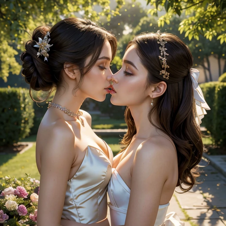 (masterpiece, best quality:1.5), highest quality, High resolution, super detailed, Realists, Upper body photo of a brunette woman, detailed and beautiful eyes, beautiful detailed lips, very detailed eyes and face, longeyelashes, Woman in shiny satin evening dress, Satin bow around the belly,Beautiful and colorful makeup, long hairstyle with satin bow in the hair, elegant and noble々Pose,shiny satin headband, Gardens as background, soft daylight, bright colors, fine brushstrokes, Portrait style, Noble details in the dress fabric, beautiful color palette, glowing skin, First-class rendering, that captures every detail, enchanting atmosphere, subtle shadows and lights, (perfect anatomy:1.2), (Two stunning women are deeply in love:1.4), (kiss:1.2), (magnificent panorama view:1.2)