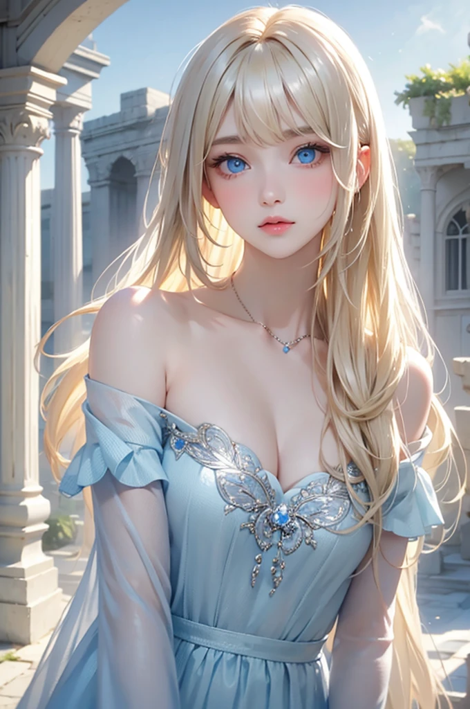 Beautiful white and shining skin、Blonde hair changes color depending on how the light hits it.、Long bangs obstruct the view、Highlights of cheek luster、Sexy, very beautiful, adorable, cute, gorgeous face、The most beautiful face in the world、Super long and gorgeous blonde hair、Smooth straight hair、big, light blue eyes shimmering、Beautiful Bangs、Beautiful and cute 16 year old girl、small breasts, cleavage, from side, Off-the-shoulder clothing、background:GB, ruins