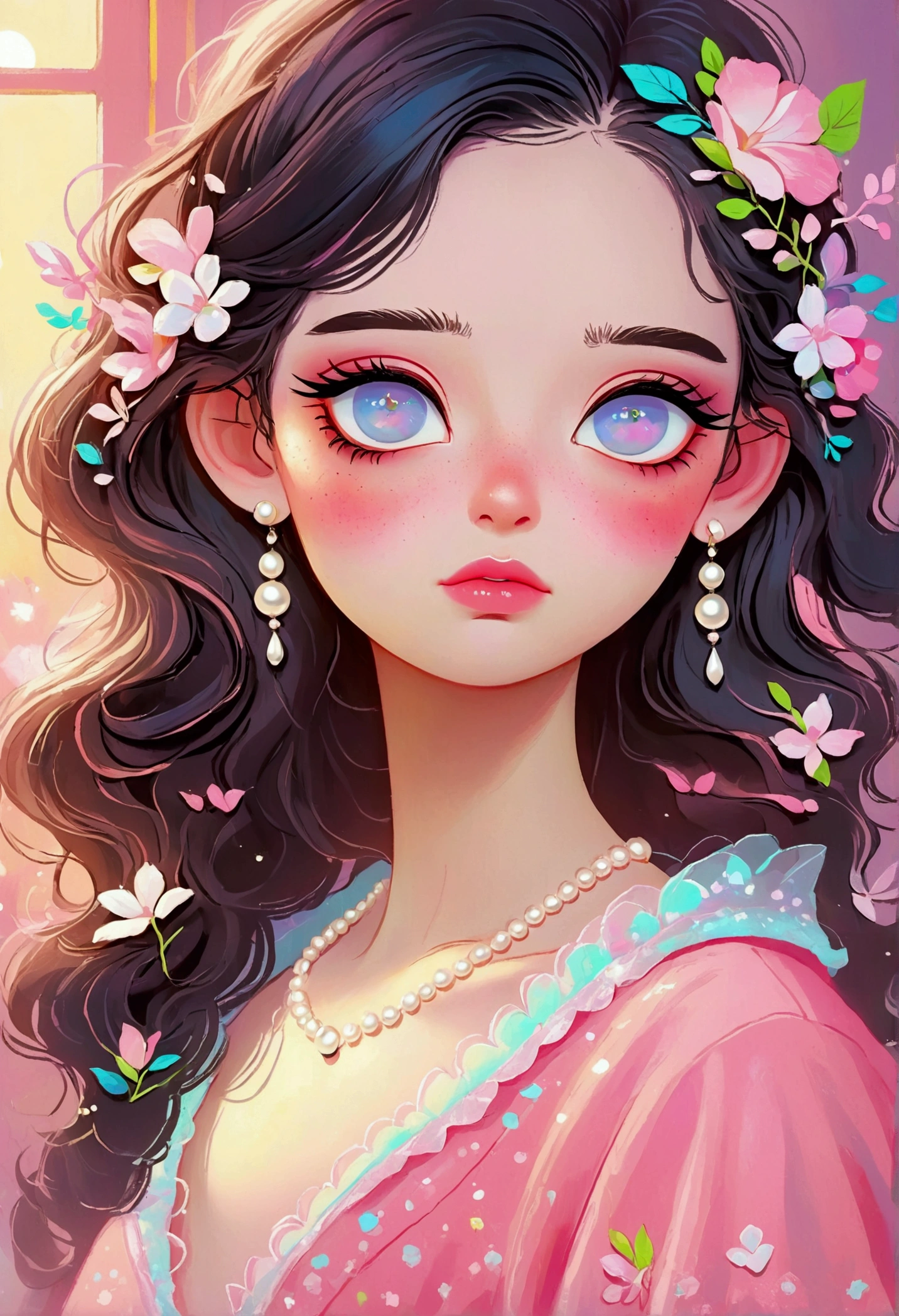 a girl with pearl earrings,beautiful detailed eyes,beautiful detailed lips,extremely detailed eyes and face,long eyelashes,young woman,cute,adorable,pink pastel art,digital art,cartoon style,portrait,frame,pastel colors,soft lighting,cinematic lighting,high quality,8k,photorealistic,vibrant colors,detailed texture,masterpiece