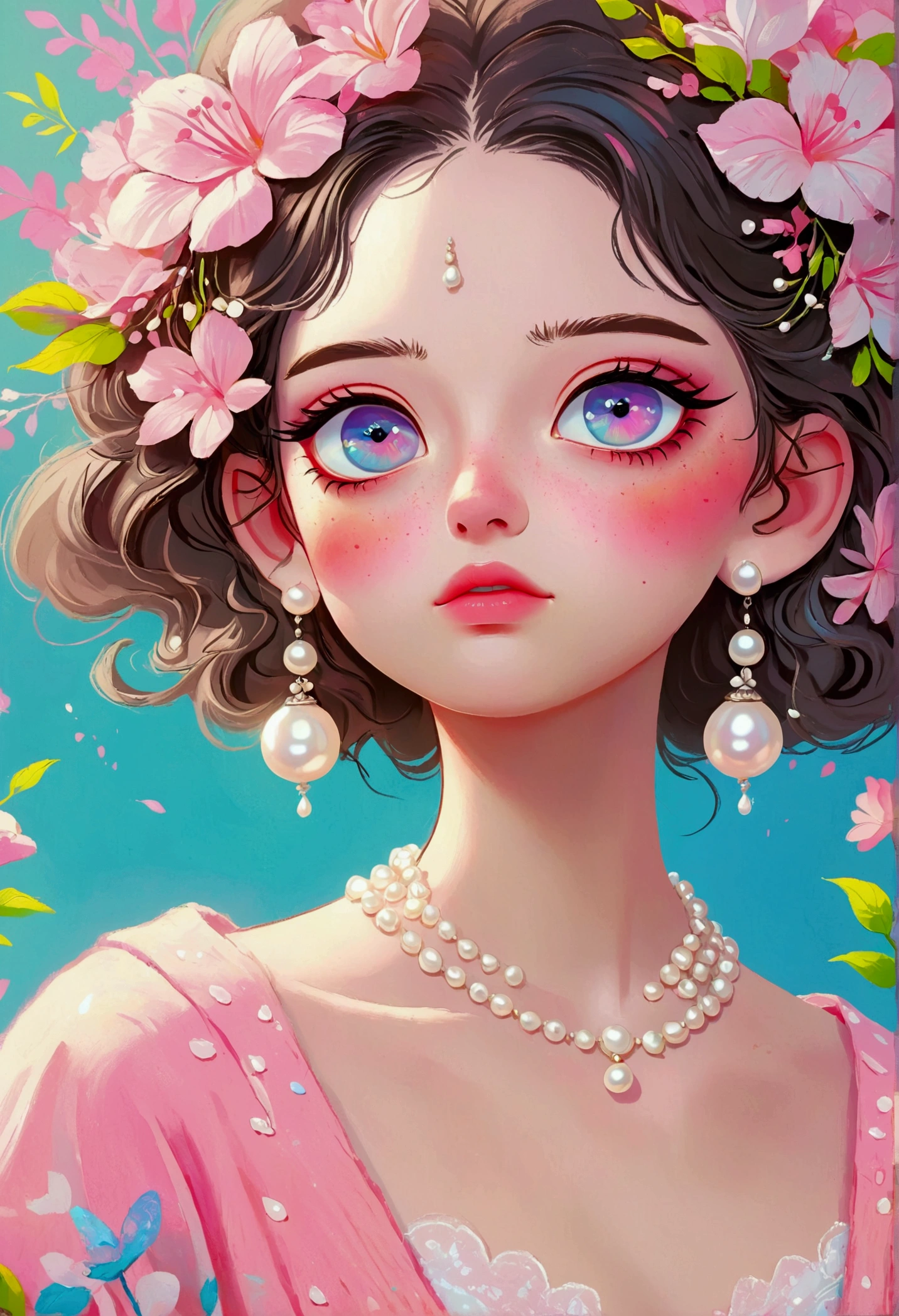 a girl with pearl earrings,beautiful detailed eyes,beautiful detailed lips,extremely detailed eyes and face,long eyelashes,young woman,cute,adorable,pink pastel art,digital art,cartoon style,portrait,frame,pastel colors,soft lighting,cinematic lighting,high quality,8k,photorealistic,vibrant colors,detailed texture,masterpiece