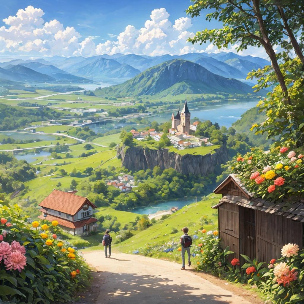 On the right bank of the lake, there is a path leading to the town in front of the castle, with a castle tower in the background., Panorama, Majestic Landscape, Boy in the back, Girl in the back, A hill full of flowers, (Dahlia, Mimosa, gentian), A boy and a girl looking down on the town from the top of a hill, A walled town on the lakeside, The path leading to the cliffs, European mountain regions, meteor, (Great composition), masterpiece, An illustration, Time to walk the mountain path, Karst columnar forest, There are lots of plants,  Valley in the mountains, View from afar, Made of fantasy